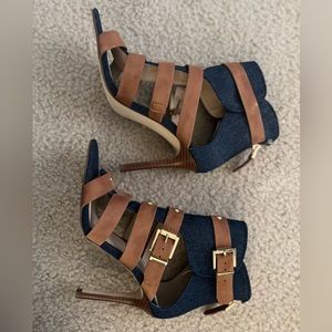 GUESS Denim and leather strappy heel.